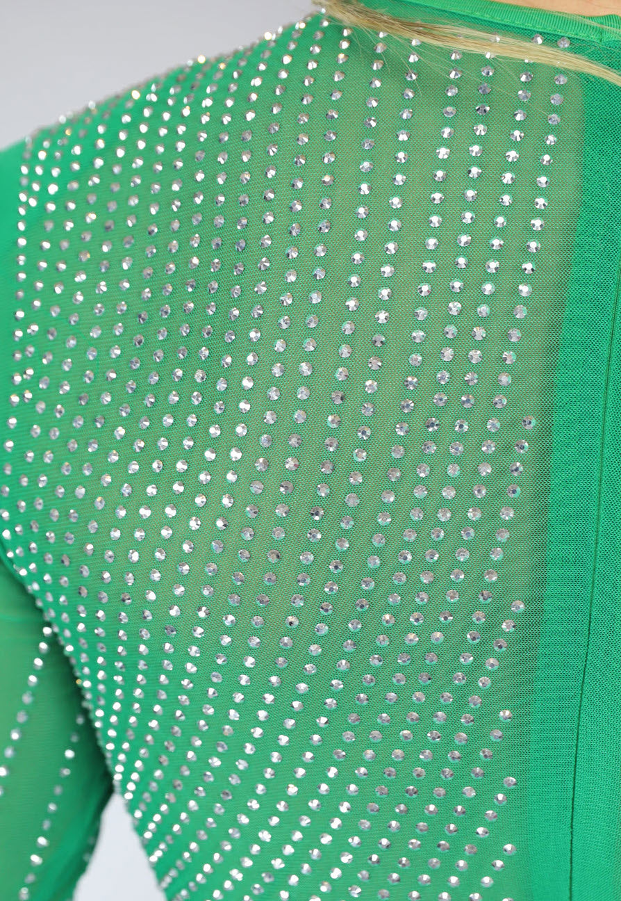 Groene Longsleeve Glitter Jurk met Strass Steentjes en Uitsnede