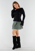 Zwarte Off Shoulder Gebreide Trui met Uitlopende Mouwen