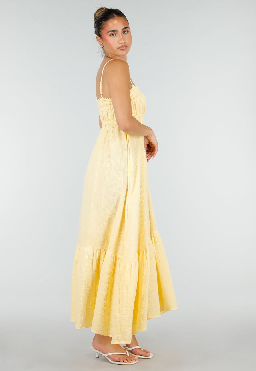 Gele Mousseline Maxi Jurk met Spaghettibandjes en Smokdetail