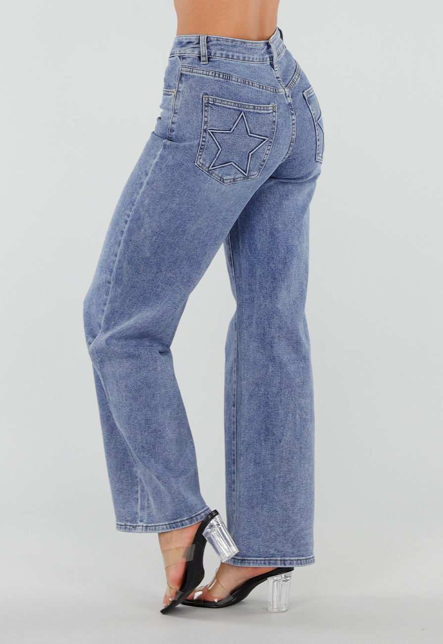 Blauwe Wide Leg Jeans met Ster Achterzak en Lichte Stretch
