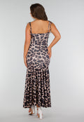Panterprint Stretch Maxi Jurk met Strikkoorden, Ruches en Split