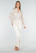Beige Doorschijnende Blouse met Bloemenborduursel en Lange Mouwen