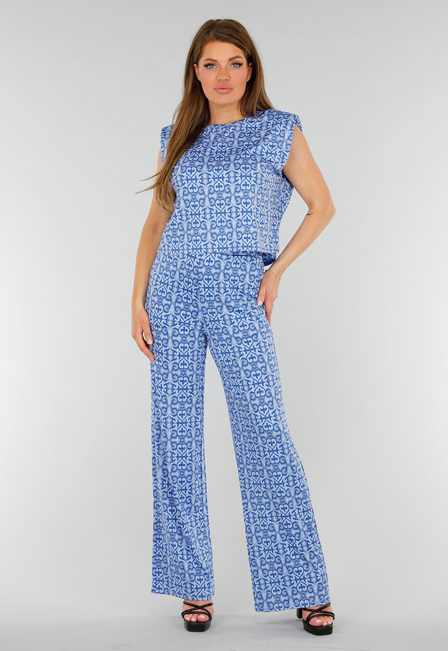 Blauwe Mouwloze Stretch Top met Schoudervullingen
