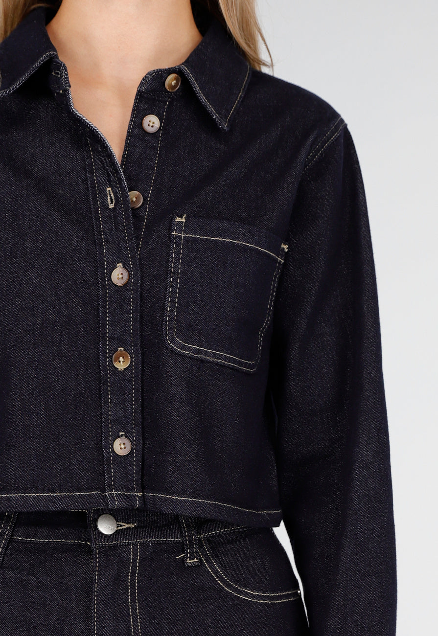 Redial Jeans  Cropped Denim Blouse in Donkerblauw Met Lange Mouwen
