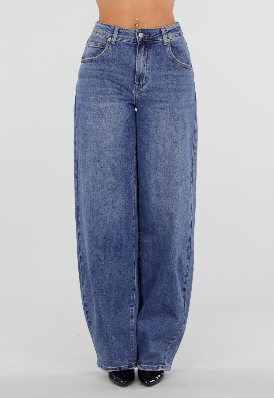 Blauwe Barrel Jeans met Hoge Taille en Lichte Stretch