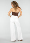 Witte Wide Leg Jeans met Bruine Stiksels en Mid Waist Pasvorm