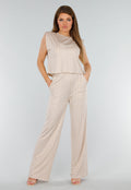 Beige Stretch Barokprint Broek met High Waist Fit