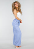Lichtblauwe Linnenlook Wide Leg Pantalon met Hoge Taille en Plooien
