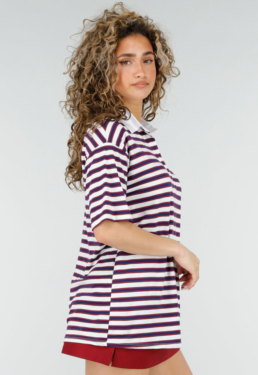 Donkerblauw Rode Gestreepte Polo Top met Kraag en Korte Mouwen