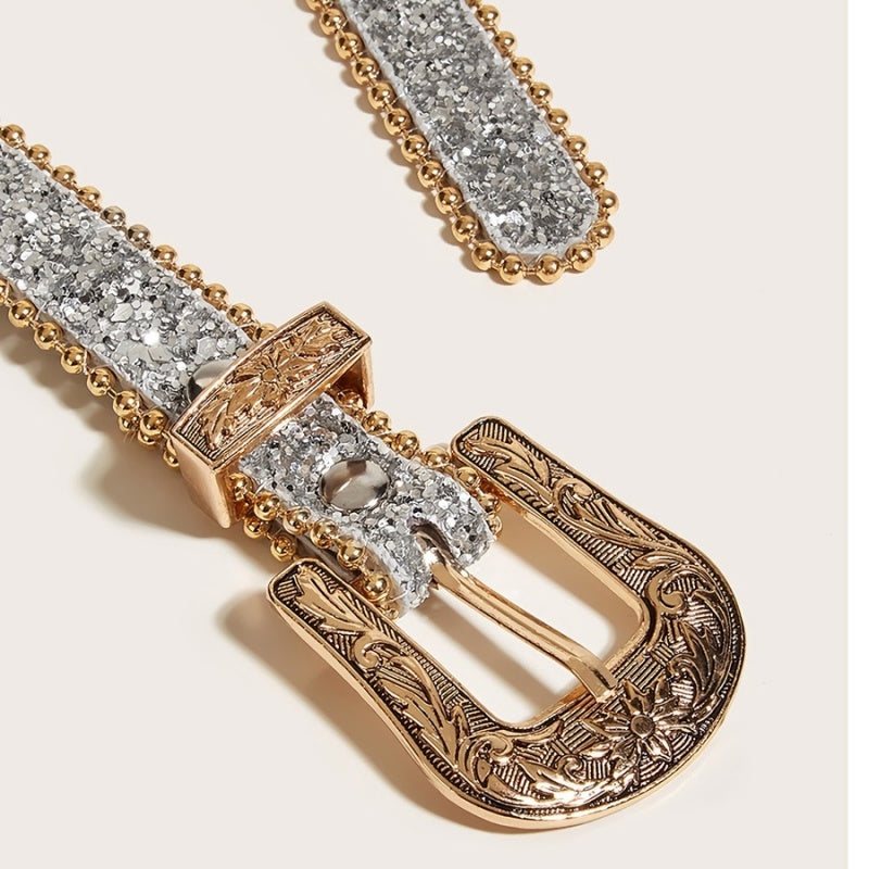 Gouden Parel Riem met Sierlijke Gesp en Zilveren Glitters