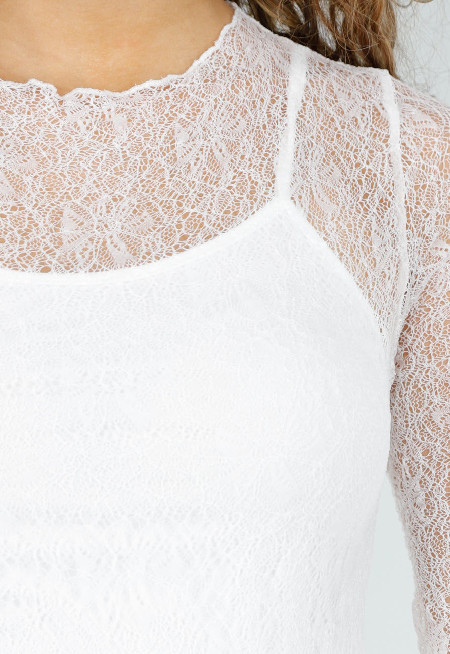 Witte Kanten Midi Jurk met Lange Mouwen en Stretch