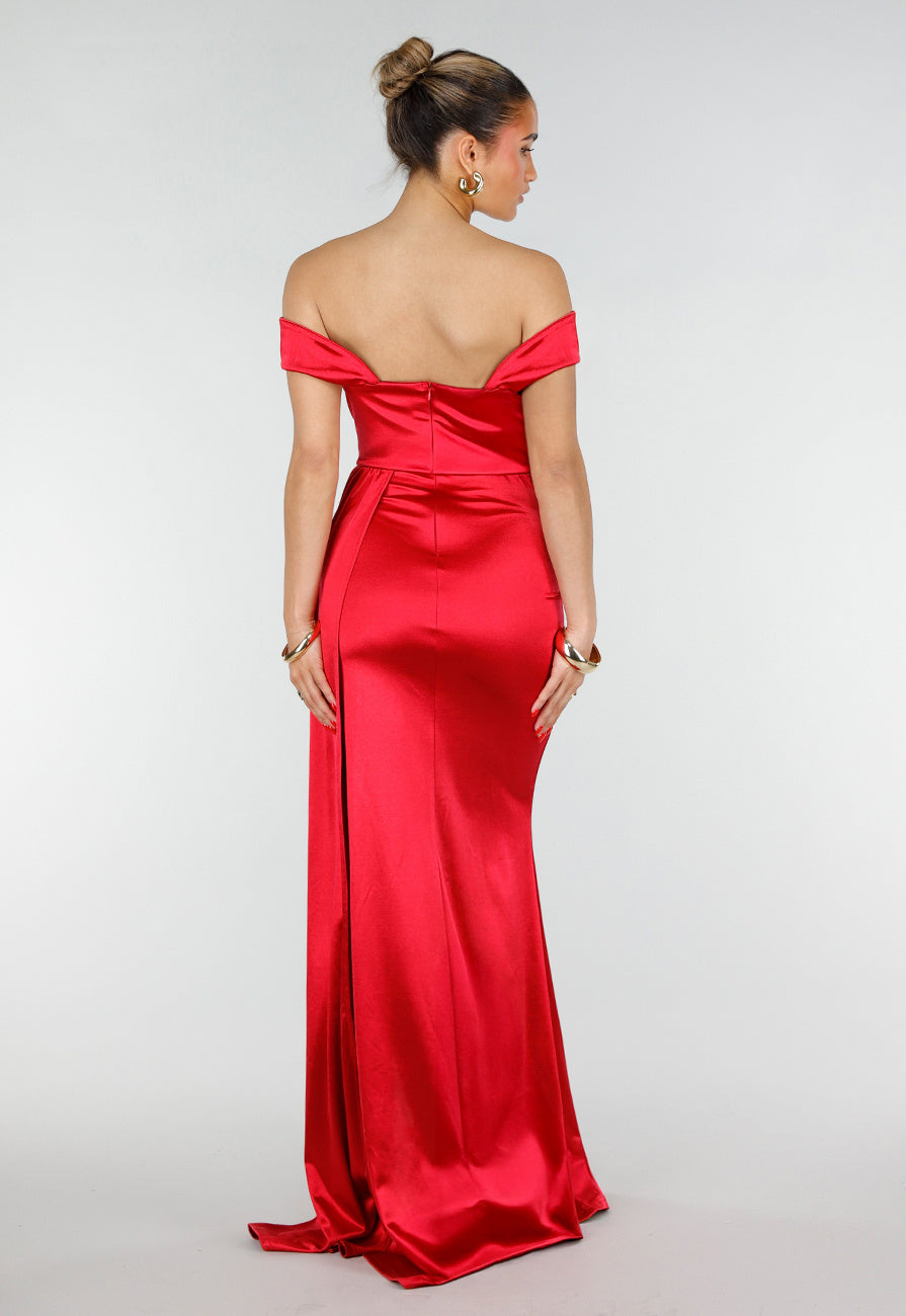 Rode Stretch Satijnen Off Shoulder Maxi Jurk met Split