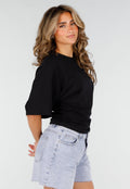 Zwarte Oversized Top met Halflange Mouwen en Ronde Hals