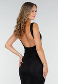 Zwarte Lange Glitter Maxi Jurk met Strass Steentjes en Lage Rug
