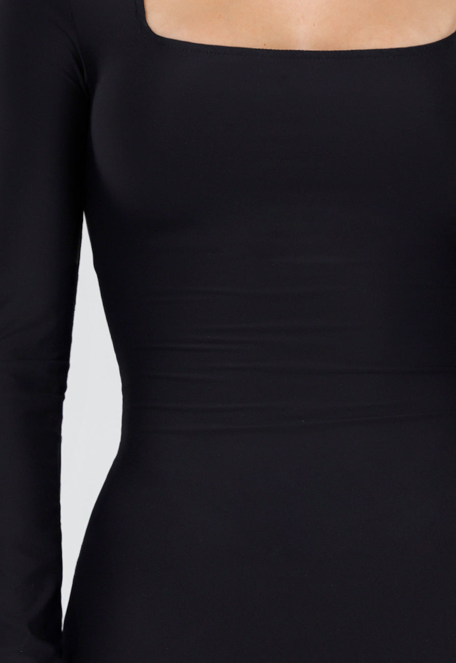 Zwarte Super Stretch Maxi Jurk met Lange Mouwen en Push Up Pads