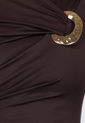 Bruine Midi Jurk met Lange Mouwen en Goudkleurige Ringdetail
