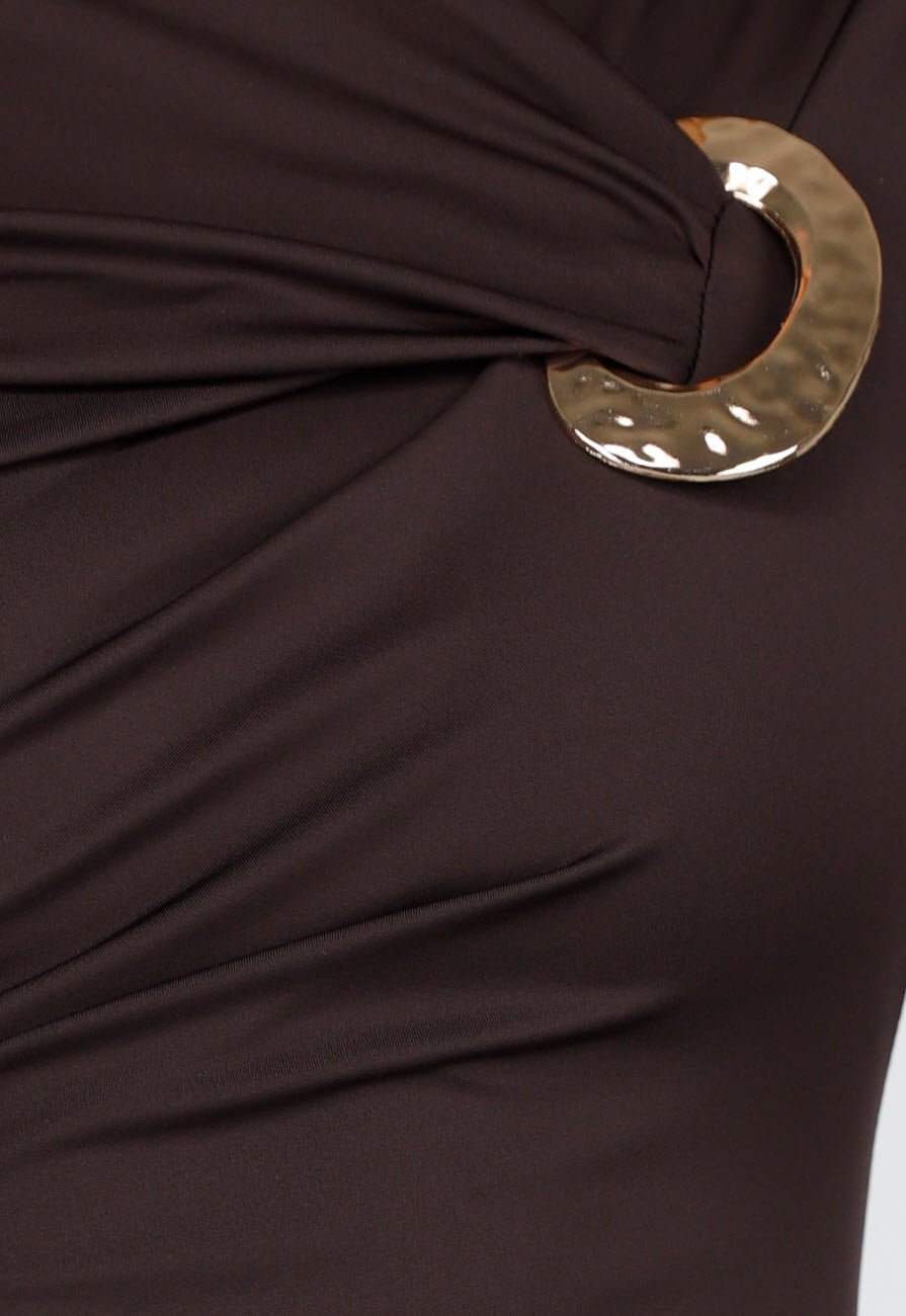 Bruine Midi Jurk met Lange Mouwen en Goudkleurige Ringdetail