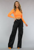 Oranje Ribstof Crop Top met Lange Mouwen