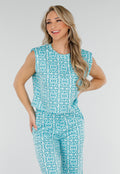 Mouwloze Azuurblauwe Stretch Loose Fit Top met Barokprint en Schoudervulling
