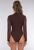 Bruine Mesh Body met Lange Mouwen en Gedrapeerde Hoge Hals
