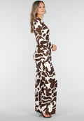 Bruin-Witte Stretch Jumpsuit met Overslag en Ceintuur