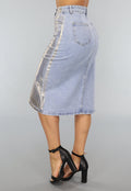 Denim Midi Rok met Gouden Coating
