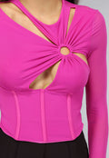 Longsleeve Fuchsia Mesh Korset Top met Cutouts