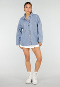 Lichtblauwe Denim Blouse met Lange Mouwen en Borstzakken