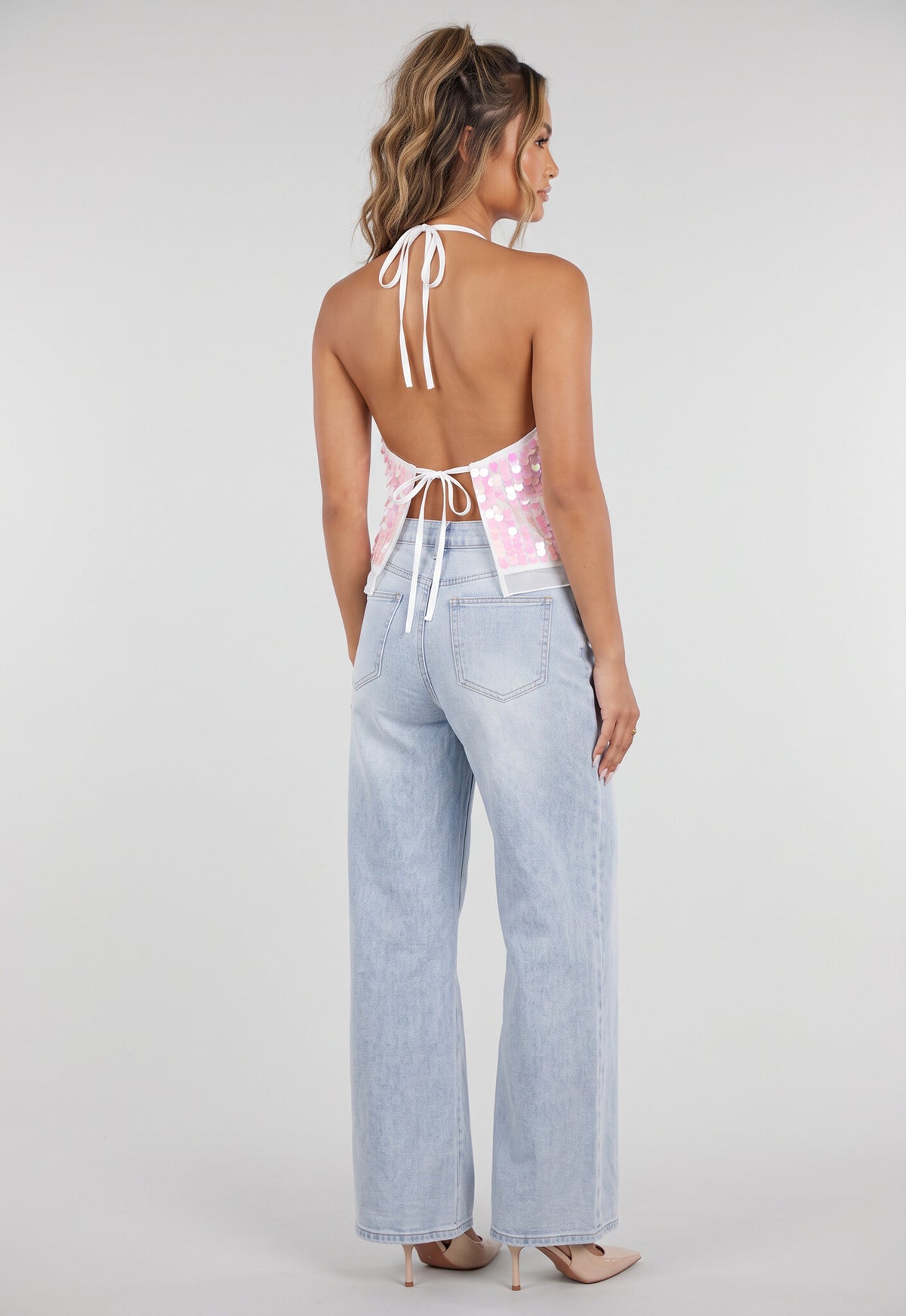 Roze Halter Top met Grote Pailletten en Transparante Onderlaag