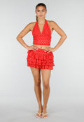 Rode Polkadot Halter Top met Ruffle Skort Set