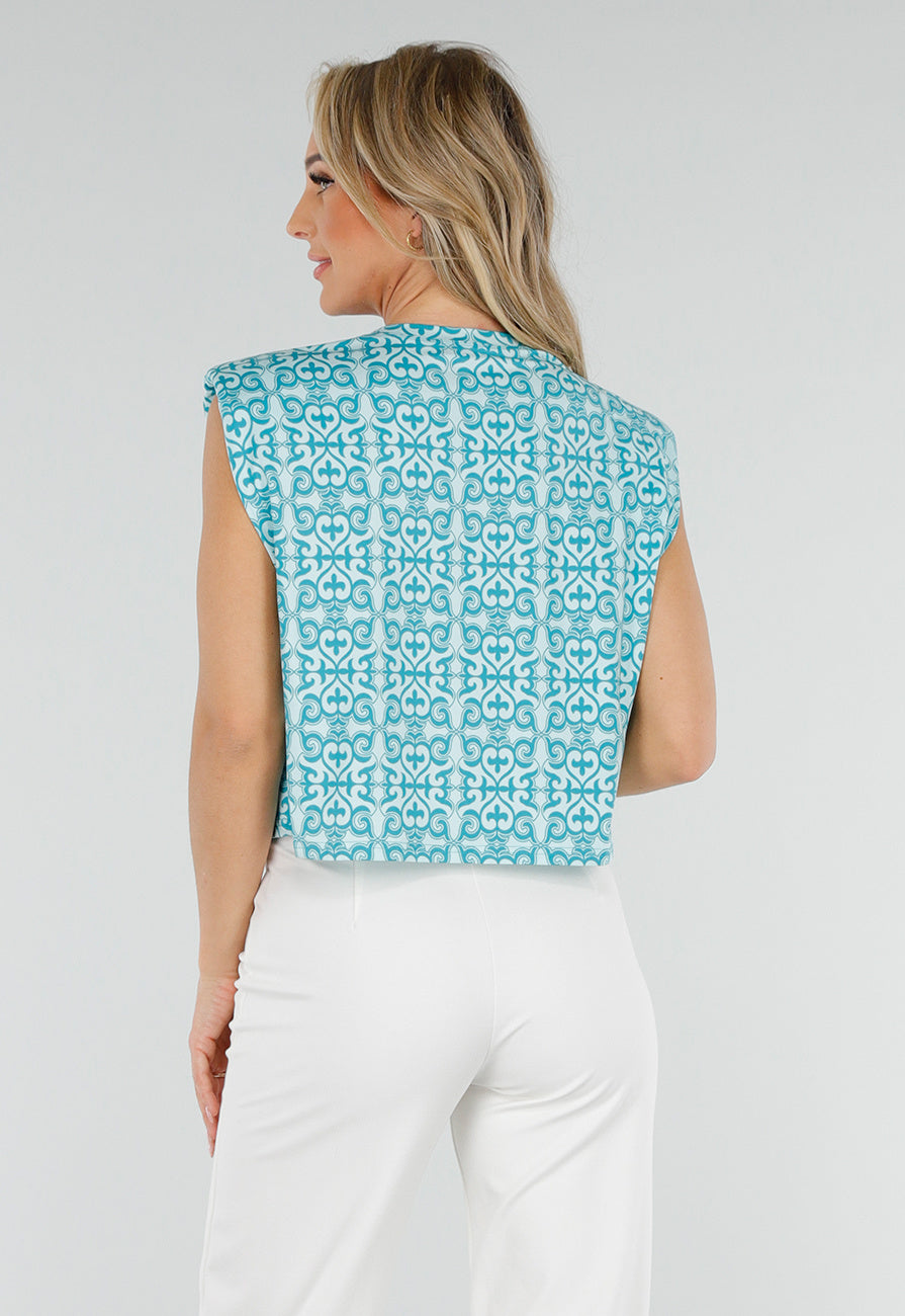 Mouwloze Azuurblauwe Stretch Loose Fit Top met Barokprint en Schoudervulling