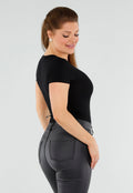 Zwarte Body met V-Hals en Korte Mouwen