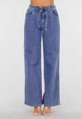Blauwe Wide Leg Jeans met Elastische Taille en Strikkoord