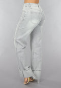 Grijze Mid Waist Omgeslagen Straight Leg Jeans
