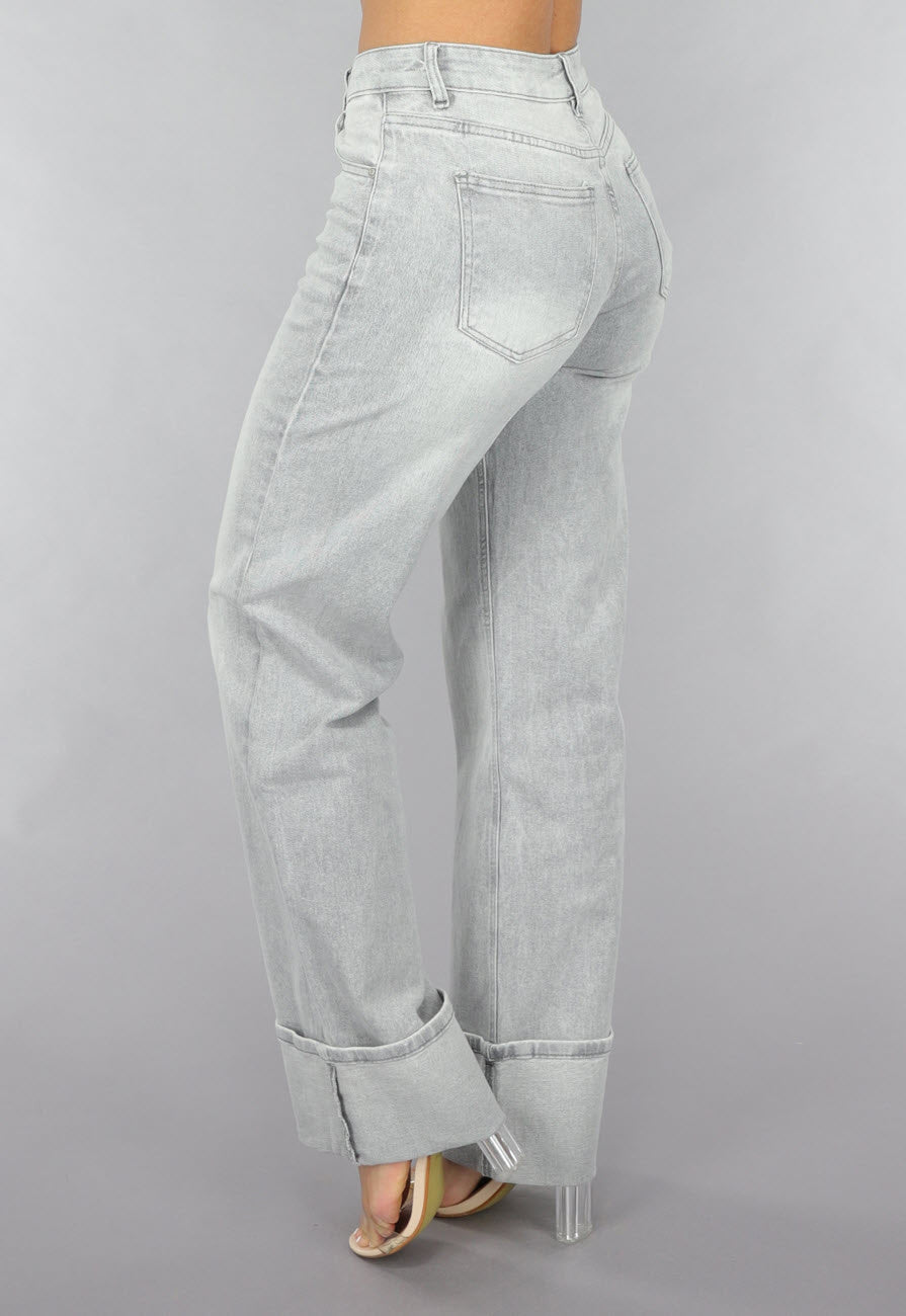 Grijze Mid Waist Omgeslagen Straight Leg Jeans