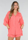 Koraal Matchende Set met Blouse, Shorts en Elastische Taille