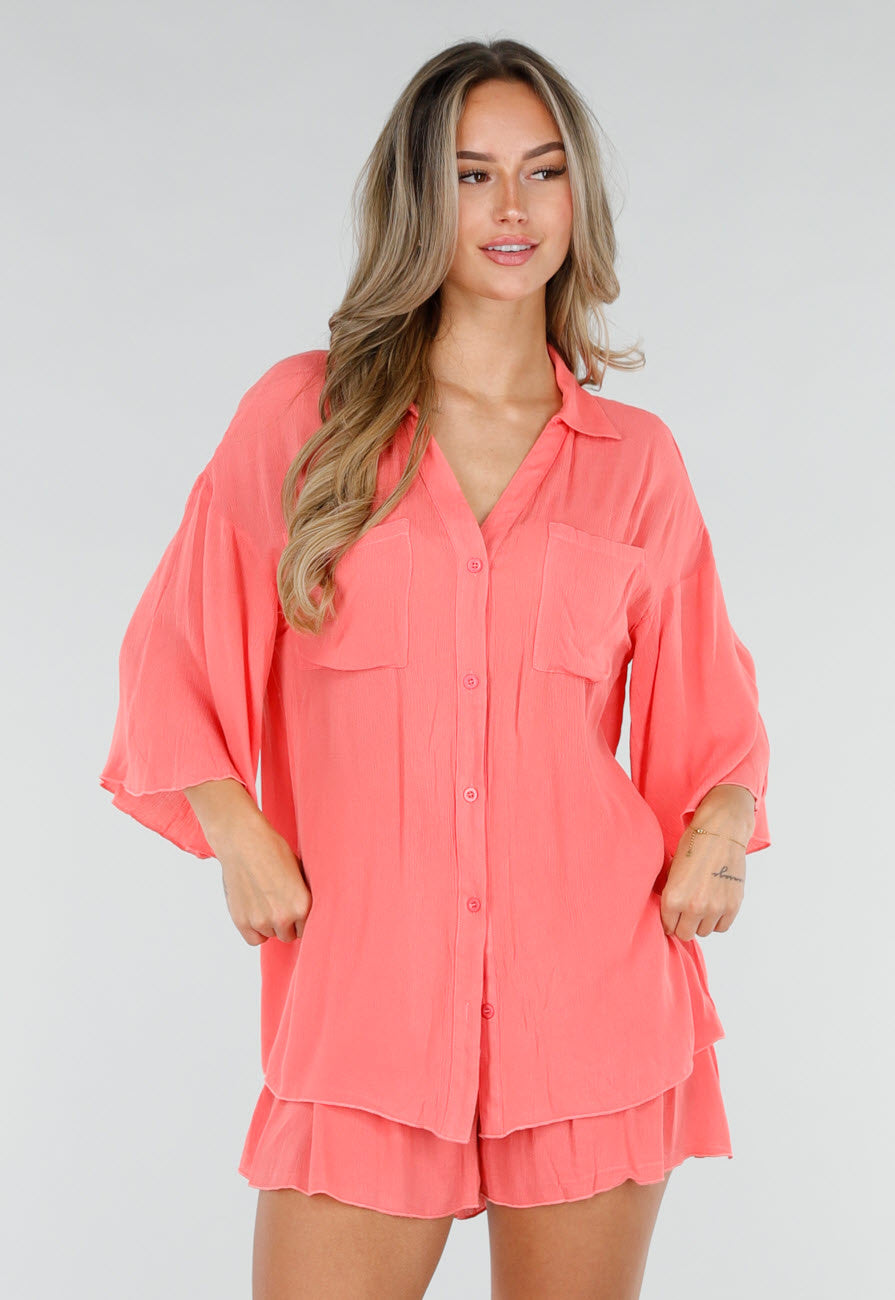 Koraal Matchende Set met Blouse, Shorts en Elastische Taille