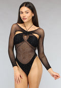 Zwarte Longsleeve Glitter Fishnet Bodysuit