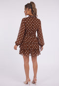 Bruine Polkadot Mini Jurk met Lange Mouwen en Hoge Hals