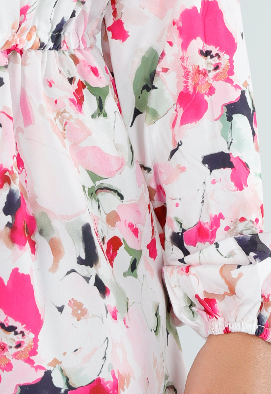 Witte Bloemen Playsuit met Lange Pofmouwen