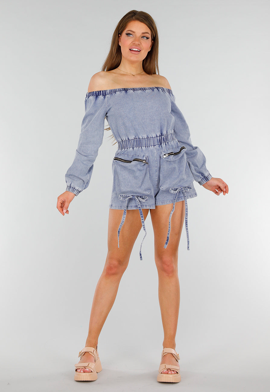 Blauwe Denim Stretch Off Schoulder Playsuit met Tailleband en Zakken met Ritssluiting