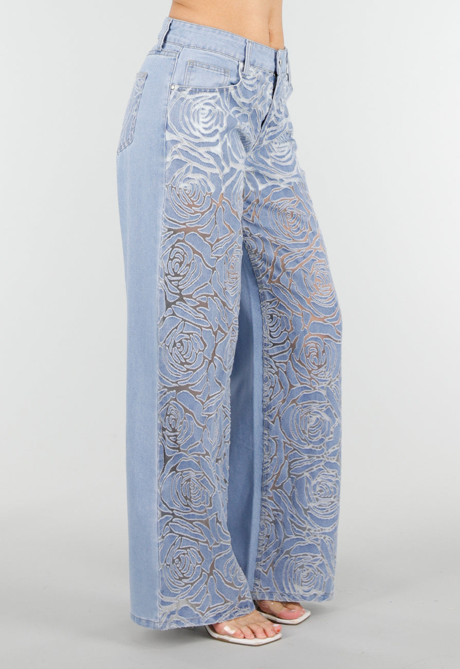 Lichtblauwe Wide Leg Jeans met See-Through Bloemenprint en Stretch