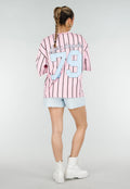 Roze Oversized Jersey Shirt met Blauwe Print en Strepen