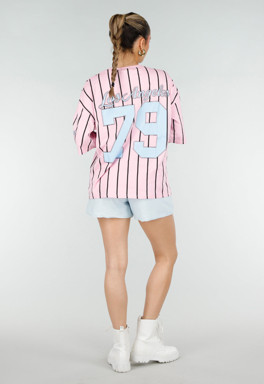 Roze Oversized Jersey Shirt met Blauwe Print en Strepen