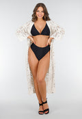 Beige Gehaakte Cover-up Jurk Vest met V-Hals en Lange Mouwen