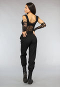 Zwarte Fishnet Glitter Bodysuit met Losse Mouwen