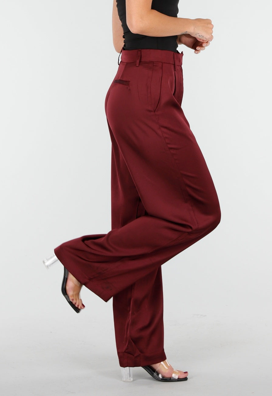 Bordeauxrode Satijnlook Wide Leg Broek met Hoge Taille
