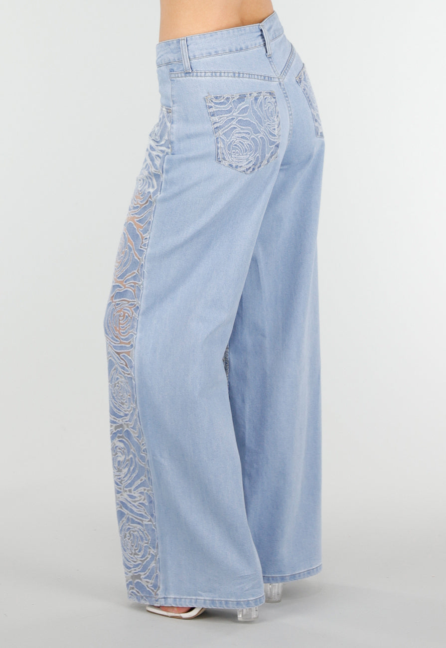Lichtblauwe Wide Leg Jeans met See-Through Bloemenprint en Stretch