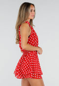 Rode Polkadot Playsuit met Halterhals en Volant