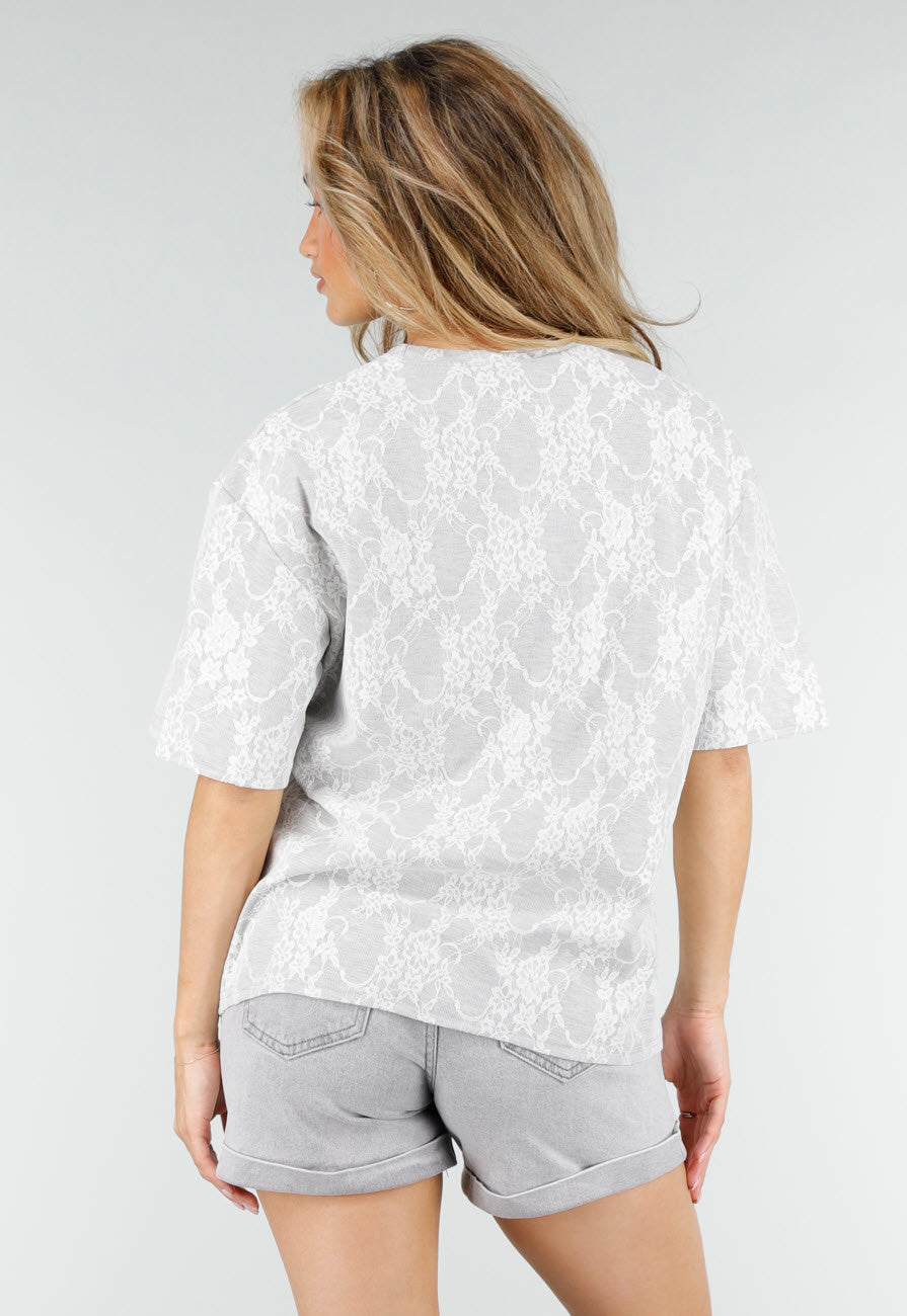 Lichtgrijs Kanten T-shirt met Korte Mouwen en Ronde Hals